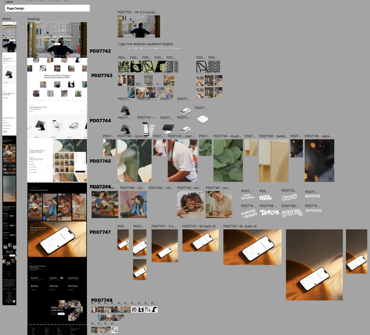 Figma production file showing all page slices and assets